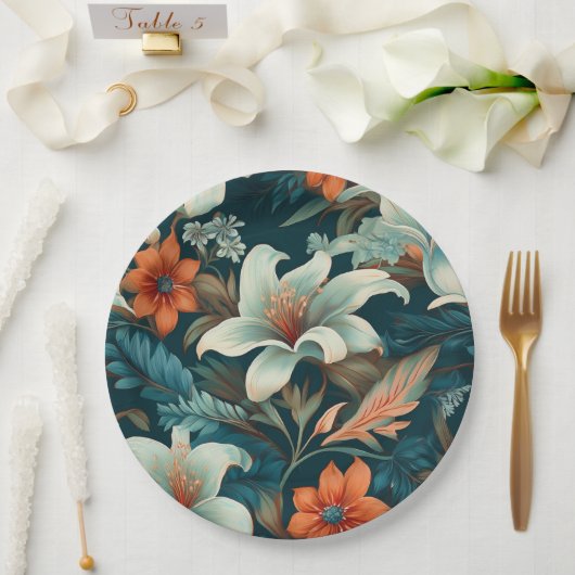 エレガントターコイズオレンジ色の花模様フローラ ペーパープレート (ウェディング)