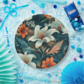 エレガントターコイズオレンジ色の花模様フローラ ペーパープレート (パーティー)