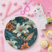 エレガントターコイズオレンジ色の花模様フローラ ペーパープレート (パーティー)