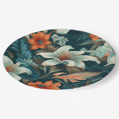 エレガントターコイズオレンジ色の花模様フローラ ペーパープレート (アングル)