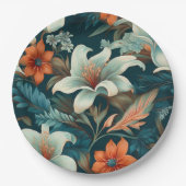 エレガントターコイズオレンジ色の花模様フローラ ペーパープレート (正面)