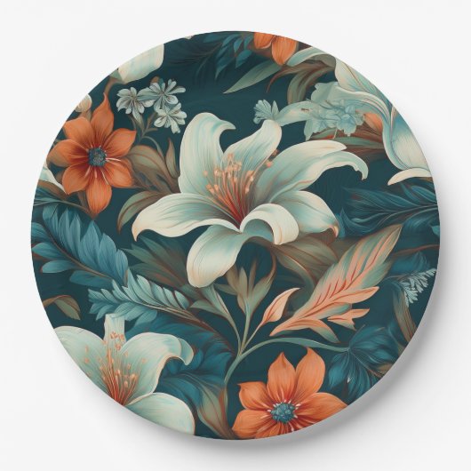 エレガントターコイズオレンジ色の花模様フローラ ペーパープレート (正面)