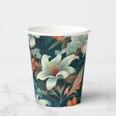 エレガントターコイズオレンジ色の花模様フローラ 紙コップ (裏面)