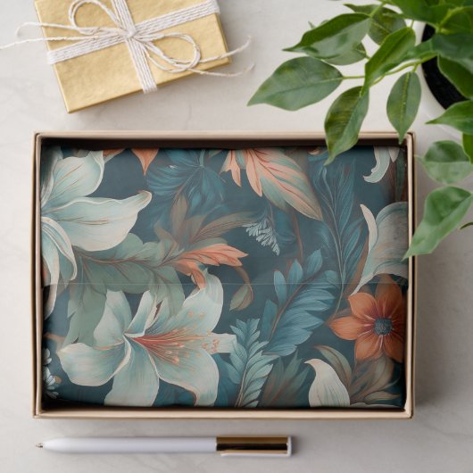 エレガントターコイズオレンジ色の花模様フローラ 薄葉紙 (ギフト)