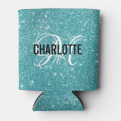 エレガントターコイズグリッターモノグラム名 缶クーラー (正面)