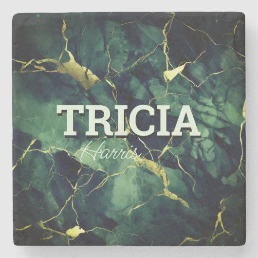 エレガントターコイズグリーンマーブルフェイク金ゴールドグリッター ストーンコースター (正面)