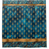 エレガントターコイズティール（緑がかった色）金ゴールドパイナップルパターン シャワーカーテン (正面)