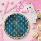 エレガントターコイズティール(緑がかった色)金ゴールドパイナップルパターン ペーパープレート (パーティー)