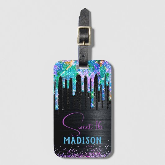 エレガントターコイズブラックユニコーンドリップスモノグラム ラゲッジタグ (正面縦)