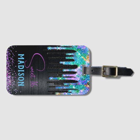 エレガントターコイズブラックユニコーンドリップスモノグラム ラゲッジタグ (正面横)