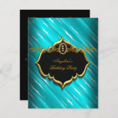 エレガントターコイズブラック金ゴールドブルーバースデーパーティー 招待状 (正面/裏面)