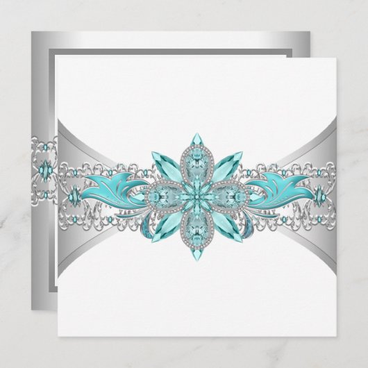 エレガントターコイズブルーとシルバー結婚ズ 招待状 (正面/裏面)