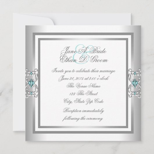 エレガントターコイズブルーとシルバー結婚ズ 招待状 (裏面)