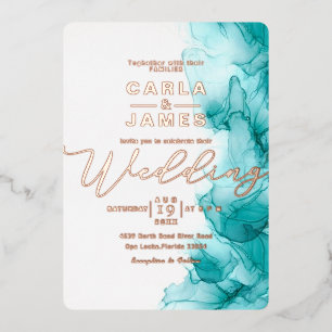 エレガントターコイズブルーアルコ結婚ールインクF 箔招待状