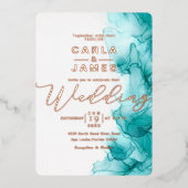 エレガントターコイズブルーアルコ結婚ールインクF 箔招待状 (正面)