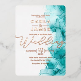 エレガントターコイズブルーアルコ結婚ールインクF 箔招待状