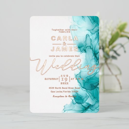 エレガントターコイズブルーアルコ結婚ールインクF 箔招待状 (立ち正面)