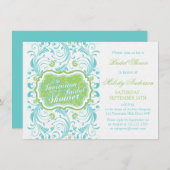 エレガントターコイズブルーグリーンフローラブライダルシャワー 招待状 (正面/裏面)
