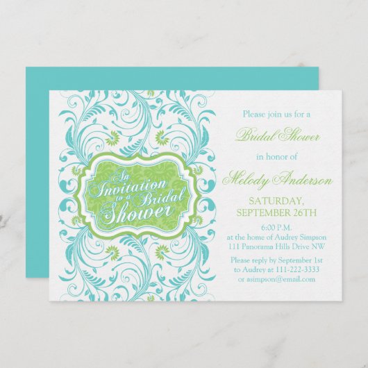 エレガントターコイズブルーグリーンフローラブライダルシャワー 招待状 (正面/裏面)