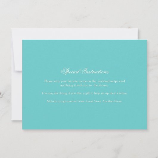 エレガントターコイズブルーグリーンフローラブライダルシャワー 招待状 (裏面)