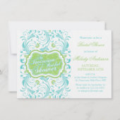 エレガントターコイズブルーグリーンフローラブライダルシャワー 招待状 (正面)