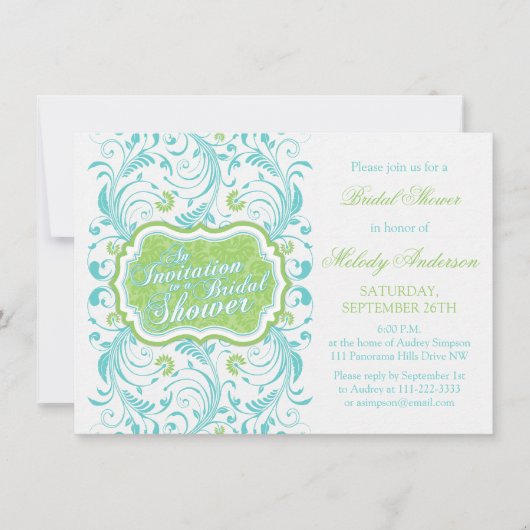 エレガントターコイズブルーグリーンフローラブライダルシャワー 招待状 (正面)