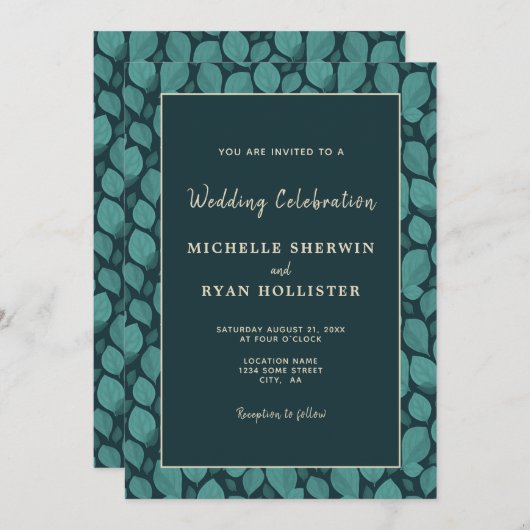 エレガントターコイズリーフパターン結婚植物体 招待状 (正面/裏面)