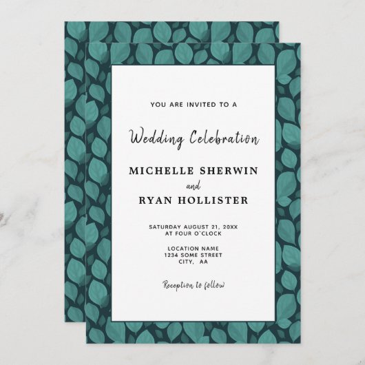 エレガントターコイズリーフパターン結婚植物体 招待状 (正面/裏面)