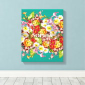 エレガントターコイズヴィンテージフローラパーソナライズされた名 キャンバスプリント (インサイチュ (ウッドフロア))