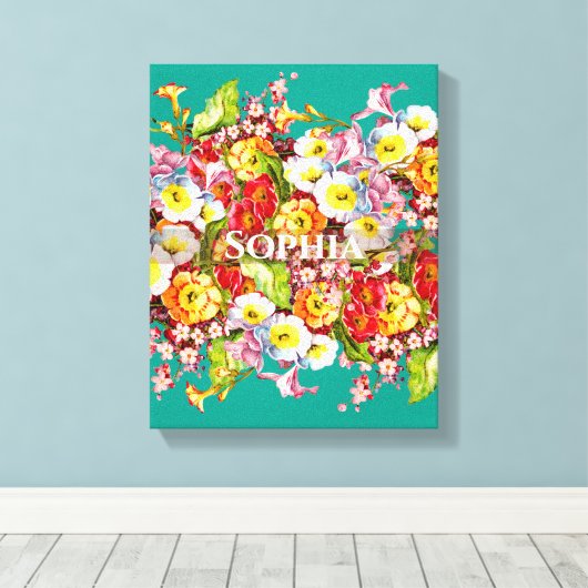 エレガントターコイズヴィンテージフローラパーソナライズされた名 キャンバスプリント (インサイチュ (ウッドフロア))