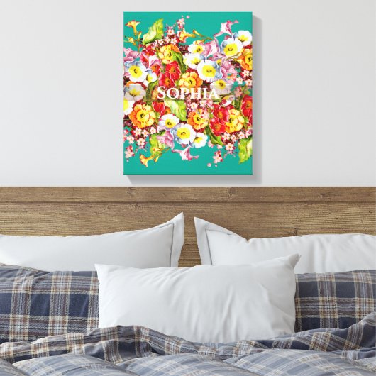 エレガントターコイズヴィンテージフローラパーソナライズされた名 キャンバスプリント (インサイチュ (寝室))