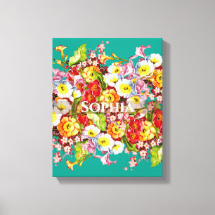 エレガントターコイズヴィンテージフローラパーソナライズされた名 キャンバスプリント