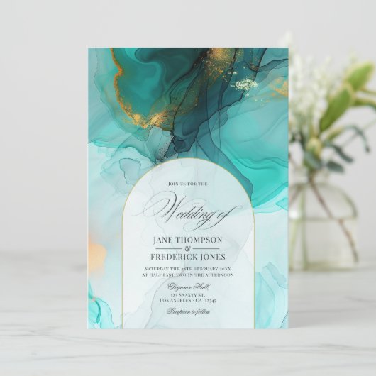 エレガントターコイズ及び金ゴールド流用イ結婚ンク 招待状 (スタンド正面)