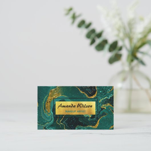 エレガントターコイズ大理石アートフェイク金ゴールドグリッターバス 名刺 (スタンド正面)