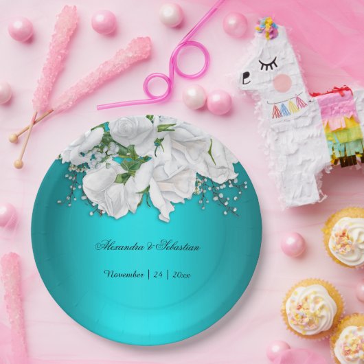 エレガントターコイズ結婚フローラ ペーパープレート (パーティー)