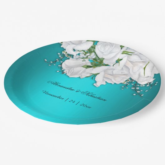 エレガントターコイズ結婚フローラ ペーパープレート (アングル)