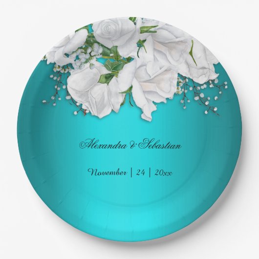 エレガントターコイズ結婚フローラ ペーパープレート (正面)