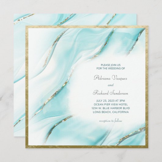 エレガントターコイズ金ゴールドアガテ結婚スクエア 招待状 (正面/裏面)