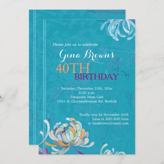 エレガントターコイズ40歳の誕生日パーティー 招待状 (正面/裏面)