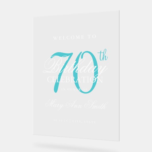 エレガントターコイズ70th誕生日パーティーへようこそ アクリルサイン (傾斜)