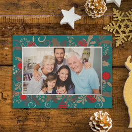 エレガントターコイズ&シルバーカスタムフォトクリスマス 箔シーズンカード