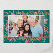 エレガントターコイズ&シルバーカスタムフォトクリスマス 箔シーズンカード (正面)