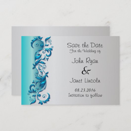 エレガントターコイズ&シルバーフロリ結婚ッドデザイン セーブザデート (正面/裏面)