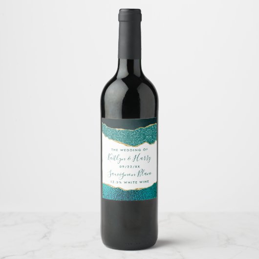 エレガントターコイズ&金ゴールドアガテ結婚ス ワインラベル (正面)
