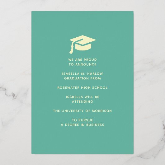 エレガントターコイズ・金ゴールド卒業発表 箔招待状 (裏面)