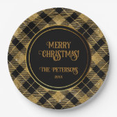 エレガントタータンチェックブラック金ゴールドグリッター ペーパープレート (正面)