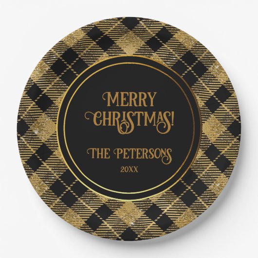エレガントタータンチェックブラック金ゴールドグリッター ペーパープレート (正面)