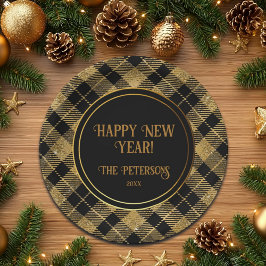 エレガントタータンチェックブラック金ゴールドグリッター ペーパープレート