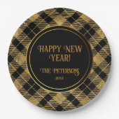 エレガントタータンチェックブラック金ゴールドグリッター ペーパープレート (正面)
