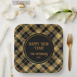 エレガントタータンチェックブラック金ゴールドグリッター ペーパープレート